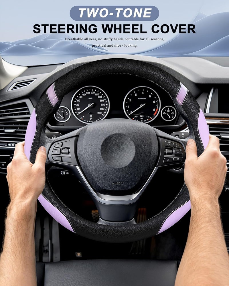Cxtiy Universal Leather Steering Wheel Cover for Women Steering Wheel Cover for Car 15 inch (Lilac Color) - Image 2