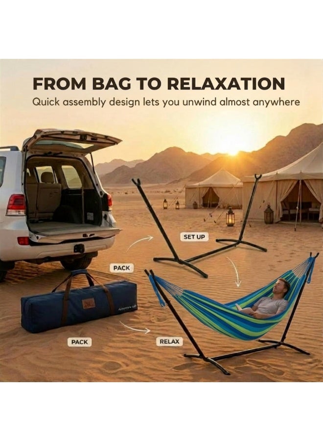 Adventure Lab Double Cotton Hammock with Steel Stand & Carry Bag | Portable 2 Person Outdoor Hammock for Garden, Patio, Beach & Camping | Heavy Duty Free Standing Hammock Swing Supports up to 204kg - Image 5