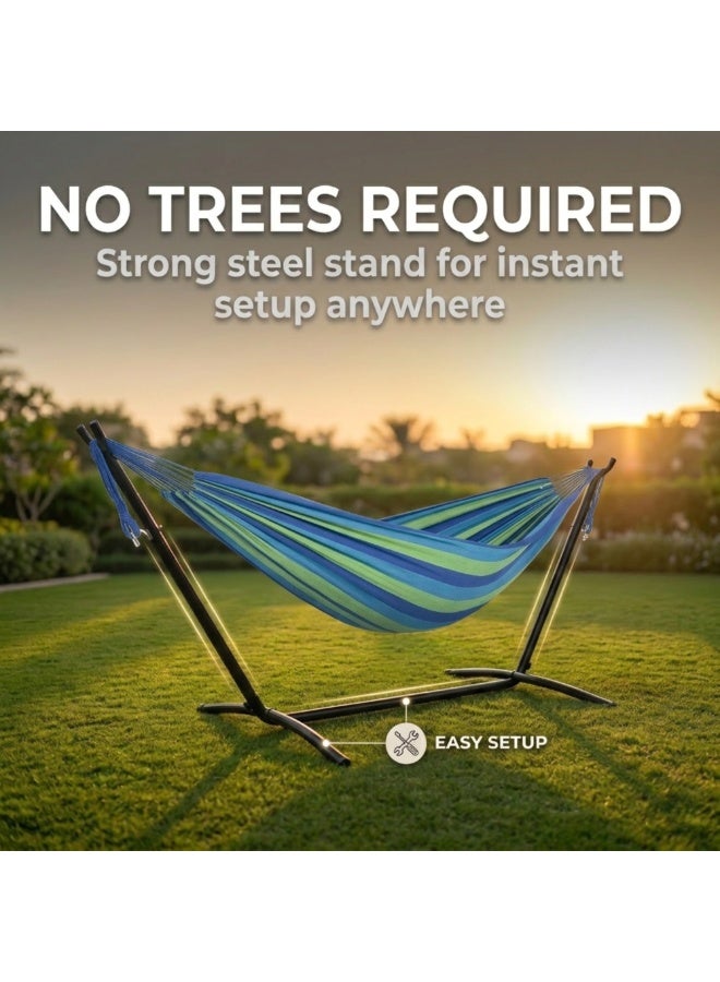 Adventure Lab Double Cotton Hammock with Steel Stand & Carry Bag | Portable 2 Person Outdoor Hammock for Garden, Patio, Beach & Camping | Heavy Duty Free Standing Hammock Swing Supports up to 204kg - Image 4
