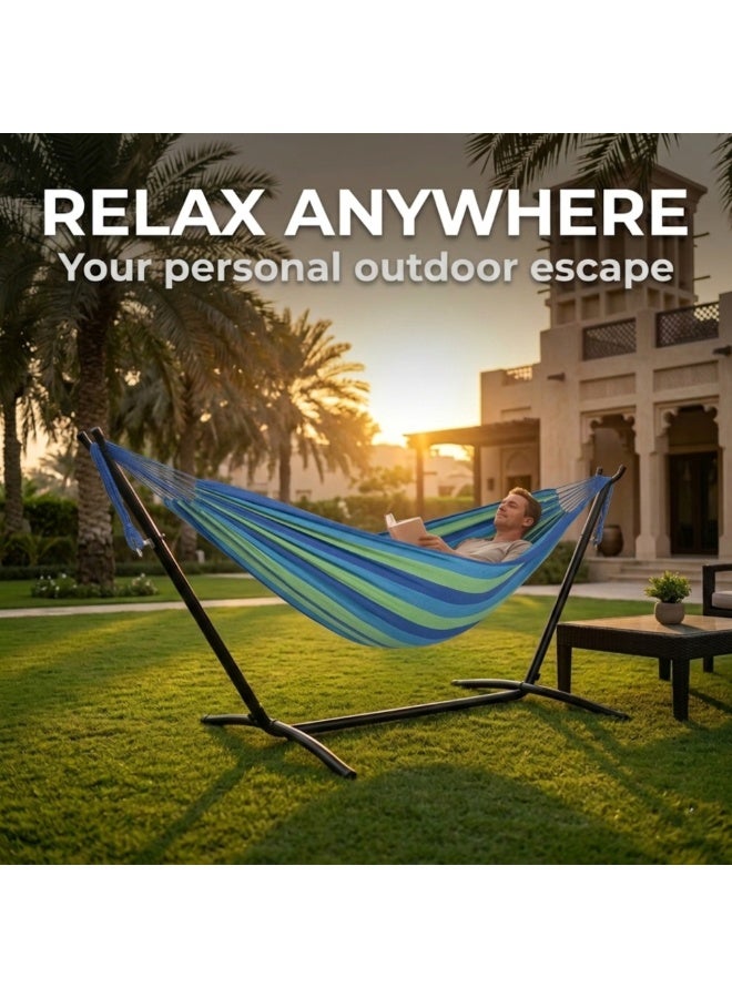 Adventure Lab Double Cotton Hammock with Steel Stand & Carry Bag | Portable 2 Person Outdoor Hammock for Garden, Patio, Beach & Camping | Heavy Duty Free Standing Hammock Swing Supports up to 204kg - Image 2