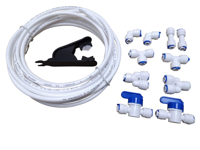 GREDIA 1/4" inch Quick Connect Water Purifiers Tube Fittings RO Water Reverse Osmosis System(Ball Valve+L+Y+I+T Type each 2pcs)+PVC Pipe Tube Hose Cutter+5 Meters/16 Feet Tubing Pipe (White) - Image 1