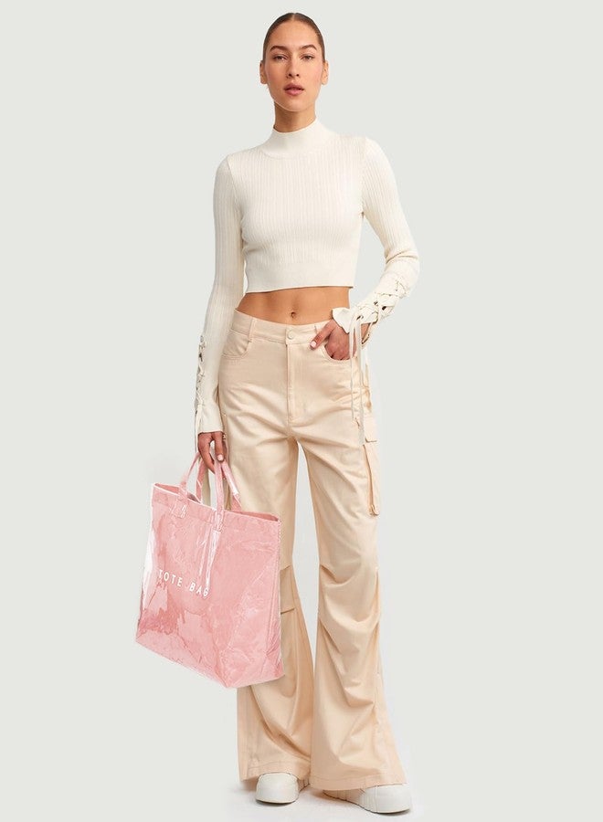 Lushandy PVC Tote Bag Women's Plastic Tote Purse Large Letters Print Hobo Handbag for Work, Beach, Gift, Pink, 5.71 x 11.81 13.19 inches - Image 3