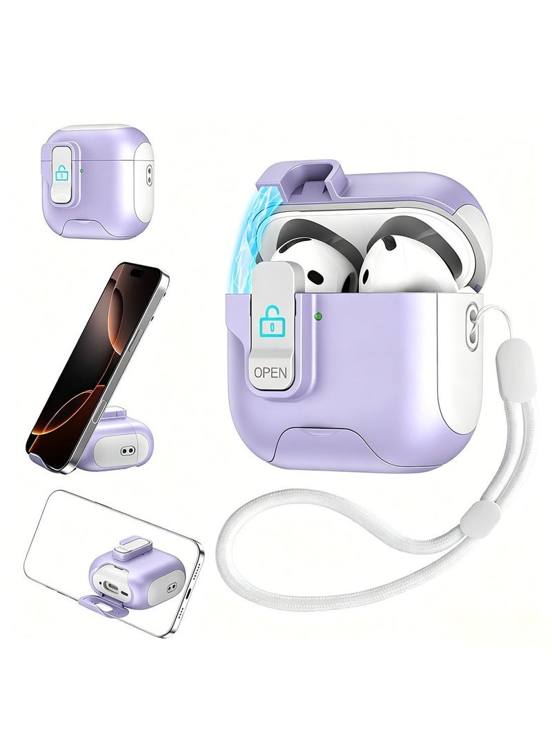 AirPods 4 Case with Phone Stand, Auto Open, Secure Lock Cases Compatible with Apple Airpods 4th Generation 2024, Drop-Proof Hard Cover with Keychain for Women Girly, Purple - Image 1
