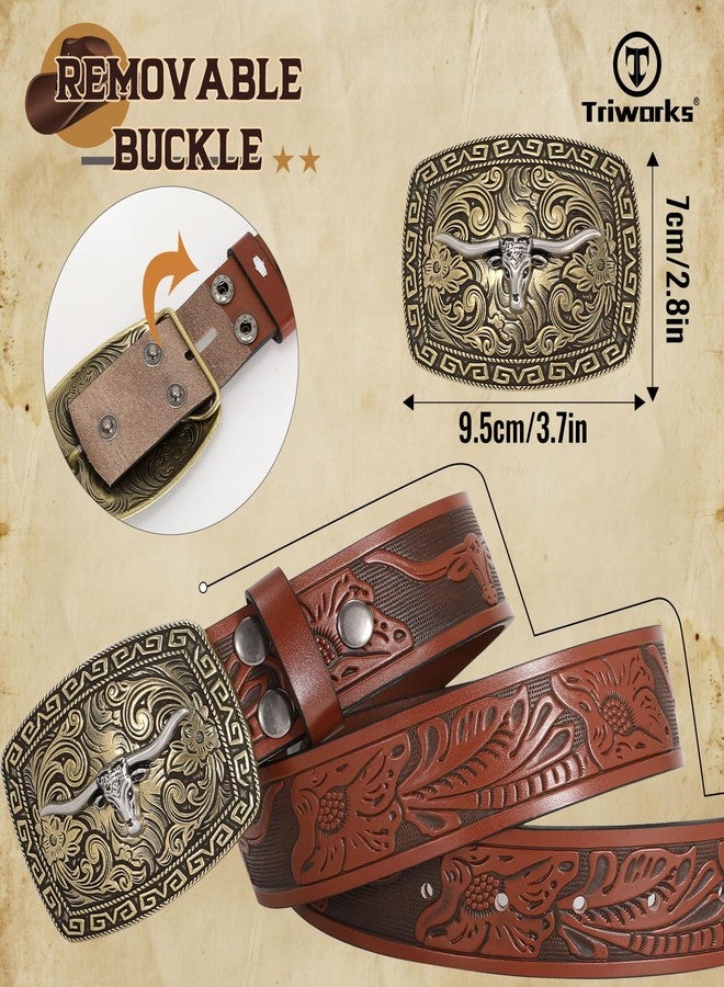 TRIWORKS Western Belt for Men Engraved Belt Men Women Cowboy Embossed Leather Belt - Image 2