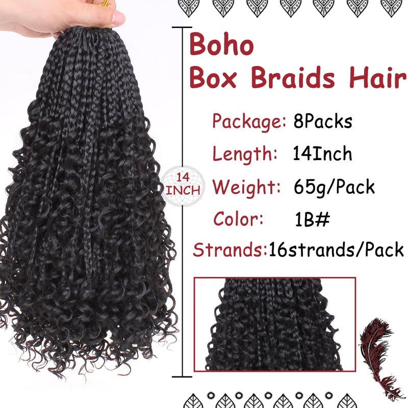 Beverlee 14 Inch Boho Box Braids 8 Packs 128 Strands Goddess Box Braids Crochet Hair Bohemian Hippie Braids Braiding Hair Box Braids with Curly Ends Messy Pre-looped Synthetic Crochet Hair for Black - Image 2