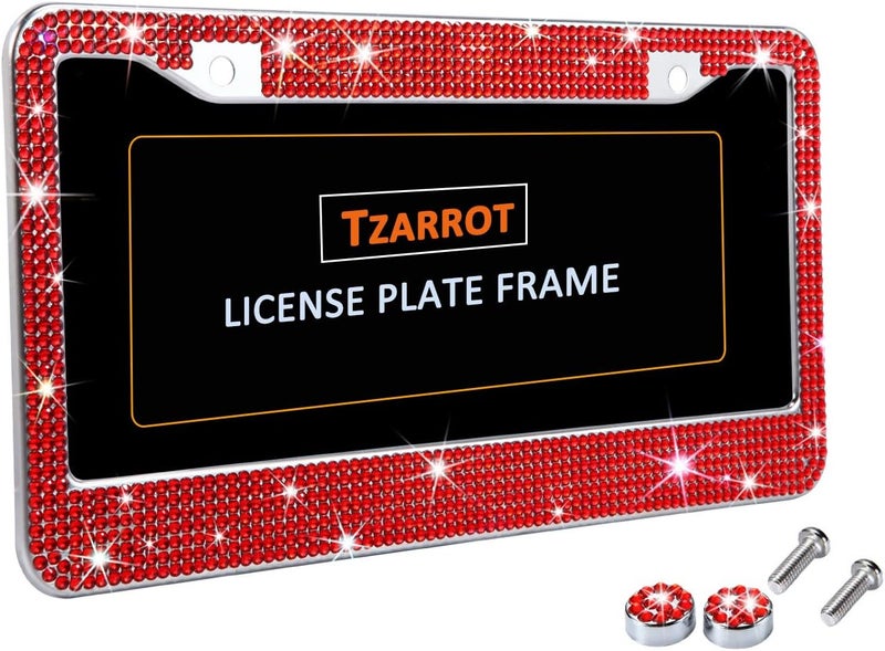 TZARROT إطار لوحة ترخيص أحمر لامع مرصع بأحجار الراين للنساء، غطاء لوحة ترخيص معدني مقاوم للصدأ، إكسسوارات سيارات لامعة للنساء والفتيات - Image 3