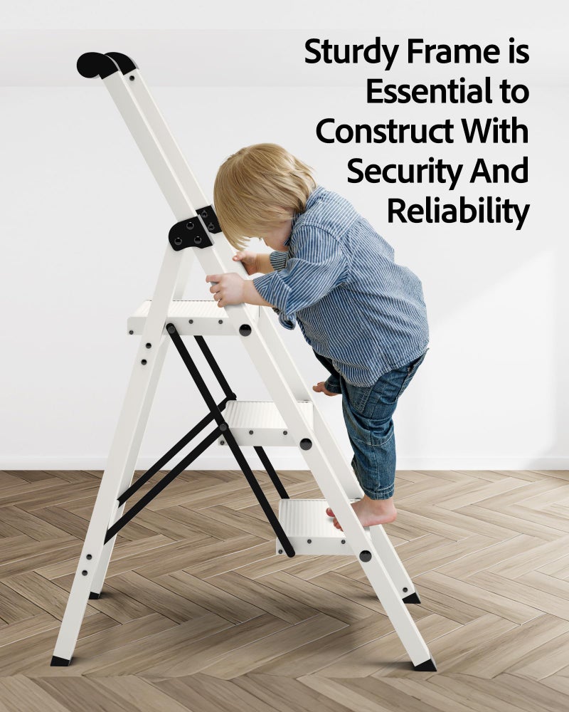 Taranta 3 Step Ladder, Lightweight Aluminum Step Stool with Convenient Handgrip, Folding Ladder with Anti-Slip Pedals, 330lbs Capacity Stepladder for Home, Office, Kitchen - White - Image 5
