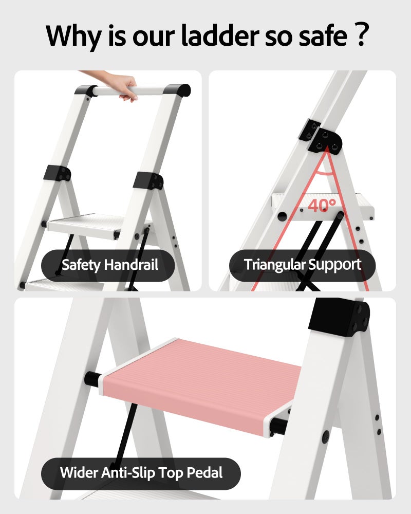 Taranta 3 Step Ladder, Lightweight Aluminum Step Stool with Convenient Handgrip, Folding Ladder with Anti-Slip Pedals, 330lbs Capacity Stepladder for Home, Office, Kitchen - White - Image 3