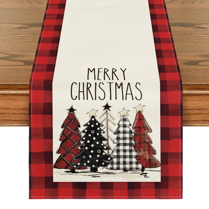 Artoid Mode Artoid Mode Watercolor Red and Black Buffalo Plaid Christmas Trees Merry Xmas Table Runner Seasonal Winter Holiday Kitchen Dining Table Decoration for Indoor Outdoor Home Party Decor 13 x 60 Inch