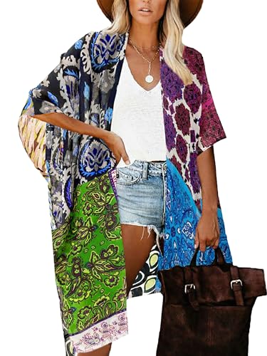 Moss Rose Women's Beach Cover up Swimsuit Kimono with Bohemian Floral Print, Loose Casual Resort Wear - Image 1