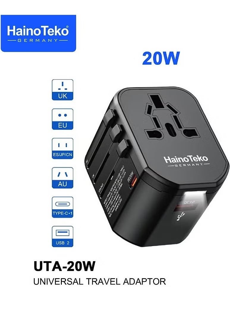 Haino Teko UTA-20W Universal Travel Adapter, 20W Fast Charging with LED Light Indicator, Compact & Portable Design, Global Compatibility for Multiple Devices – Black - Image 1