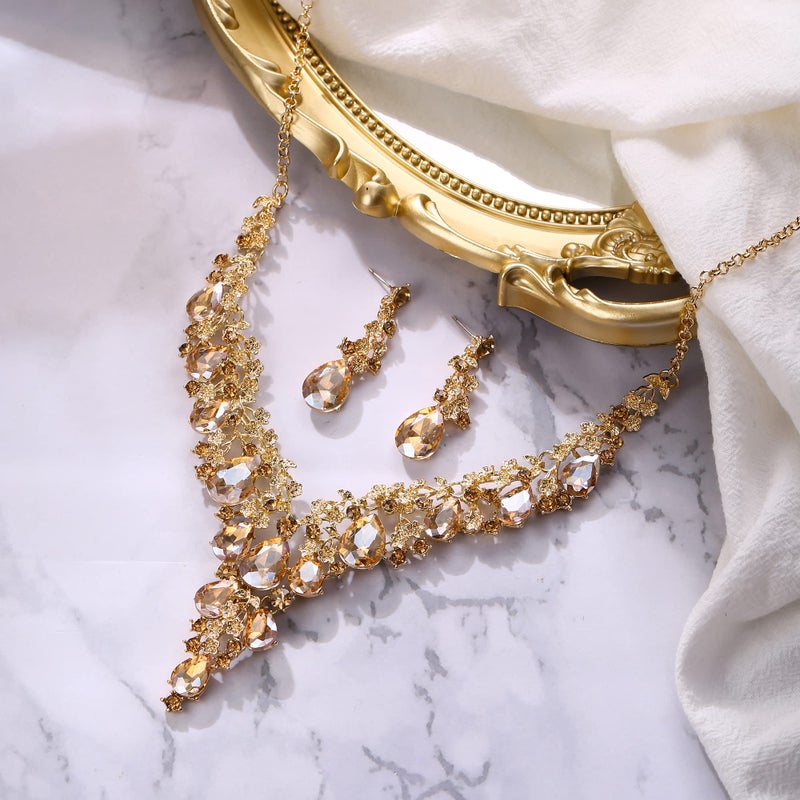 BriLove Women's Wedding Bridal Austrian Crystal Teardrop Flower Cluster Statement Necklace Dangle Earrings Jewelry Set Champagne Gold-Tone - Image 3