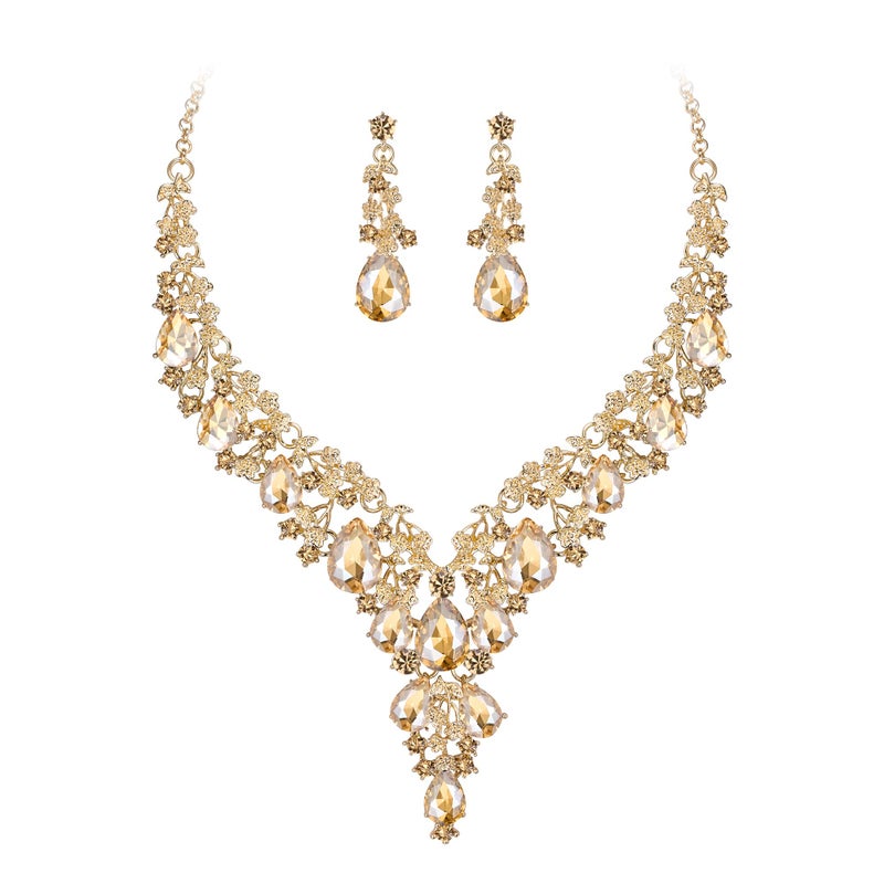 BriLove Women's Wedding Bridal Austrian Crystal Teardrop Flower Cluster Statement Necklace Dangle Earrings Jewelry Set Champagne Gold-Tone - Image 1