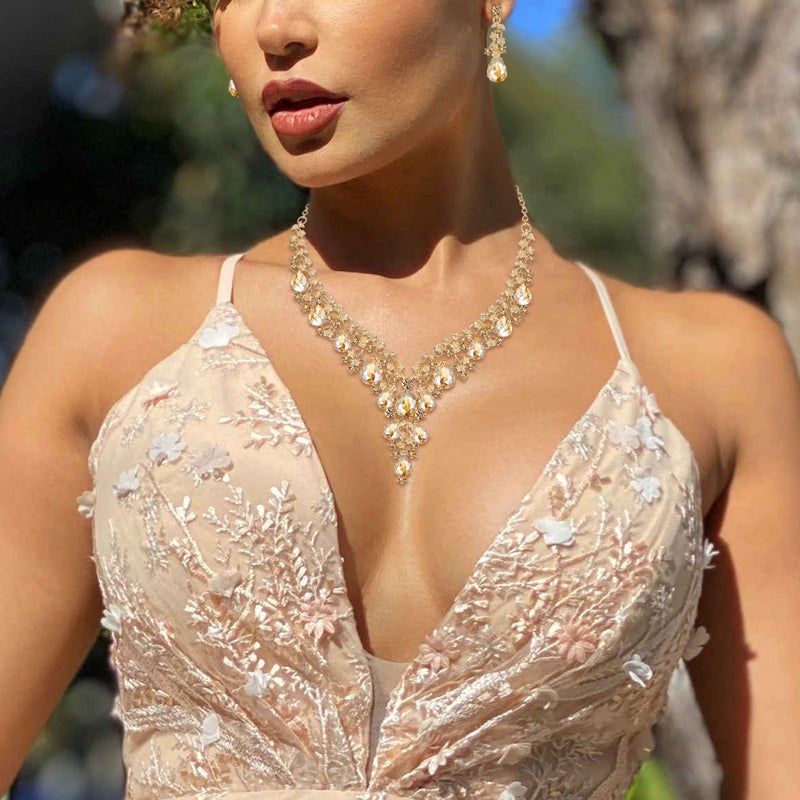 BriLove Women's Wedding Bridal Austrian Crystal Teardrop Flower Cluster Statement Necklace Dangle Earrings Jewelry Set Champagne Gold-Tone - Image 2