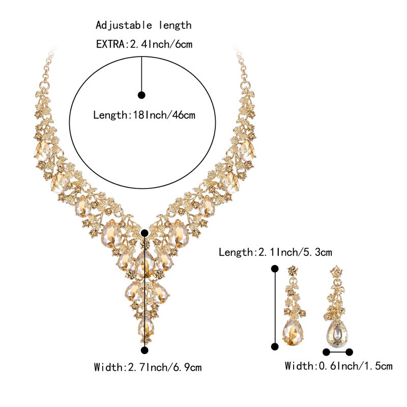 BriLove Women's Wedding Bridal Austrian Crystal Teardrop Flower Cluster Statement Necklace Dangle Earrings Jewelry Set Champagne Gold-Tone - Image 4