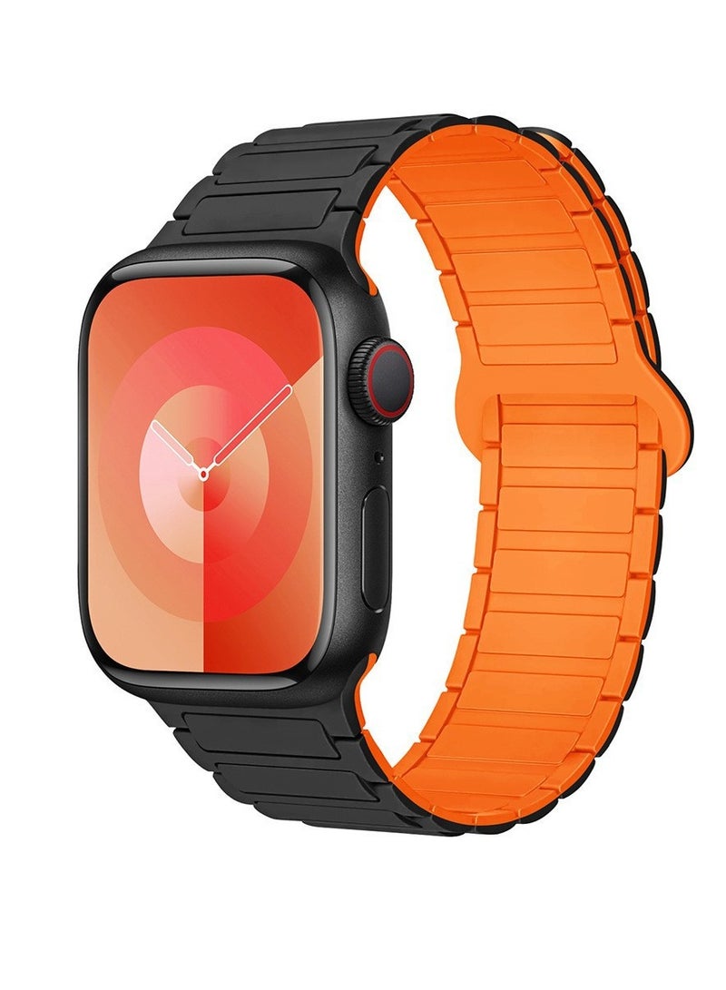 For iwatch strap 1-8 generation /S9 Universal two-color silicone magnetic Apple strap 42/44/45/49MM black + orange