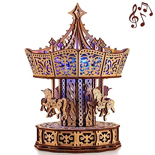Wood Trick Parisian Carousel Music Box Rotating with Backlit 3D Wooden Puzzles for Adults to Build DIY Wooden Music Box Kit La Vie en Rose Tune Engineering DIY Wooden Model - Image 1