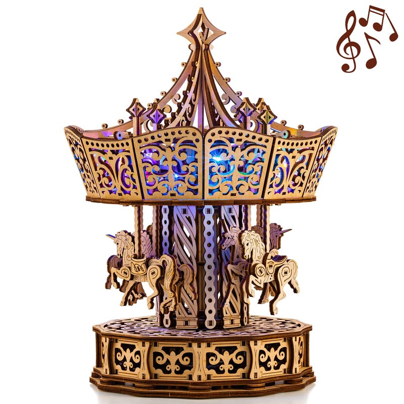Wood Trick Parisian Carousel Music Box Rotating with Backlit 3D Wooden Puzzles for Adults to Build DIY Wooden Music Box Kit La Vie en Rose Tune Engineering DIY Wooden Model - Image 2
