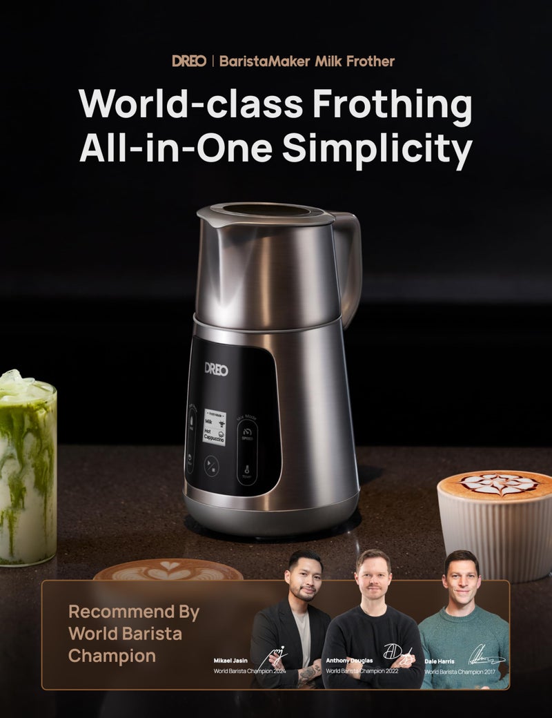 DREO Milk Frother, All-in-1 Electric Foam Maker for Coffee, 15oz/450ml Automatic Foam Frother for Latte Art-level Microfoam, 30+ Drinks, Easy to Clean, Dishwasher Safe, LED display - Image 2