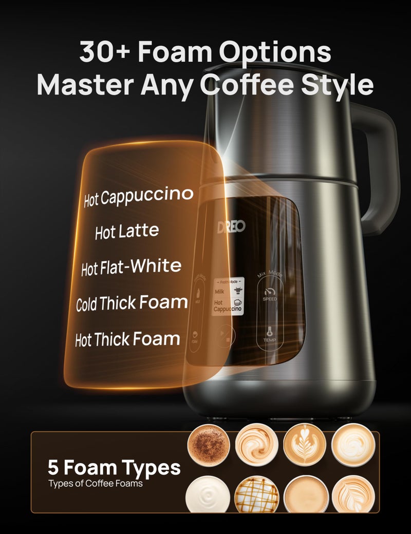 DREO Milk Frother, All-in-1 Electric Foam Maker for Coffee, 15oz/450ml Automatic Foam Frother for Latte Art-level Microfoam, 30+ Drinks, Easy to Clean, Dishwasher Safe, LED display - Image 5