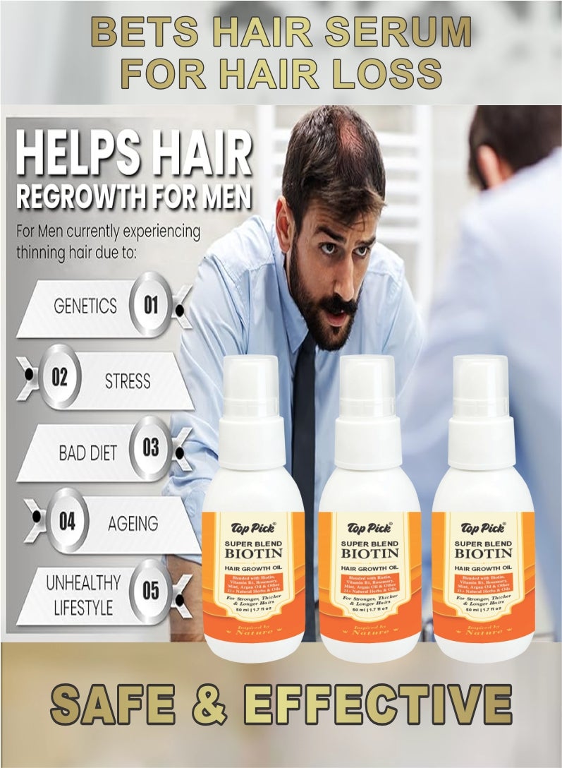 Top Pick Super Blend Rosemary Mint Biotin Hair Growth Oil with Vit B5 & E, Argan Oil & 21+ Natural Herbs & Oils For Scalp & Hair Strengthening Oil – Controls Hair Fall and Promotes Healthy Hair Growth 50ML Pack Of 3