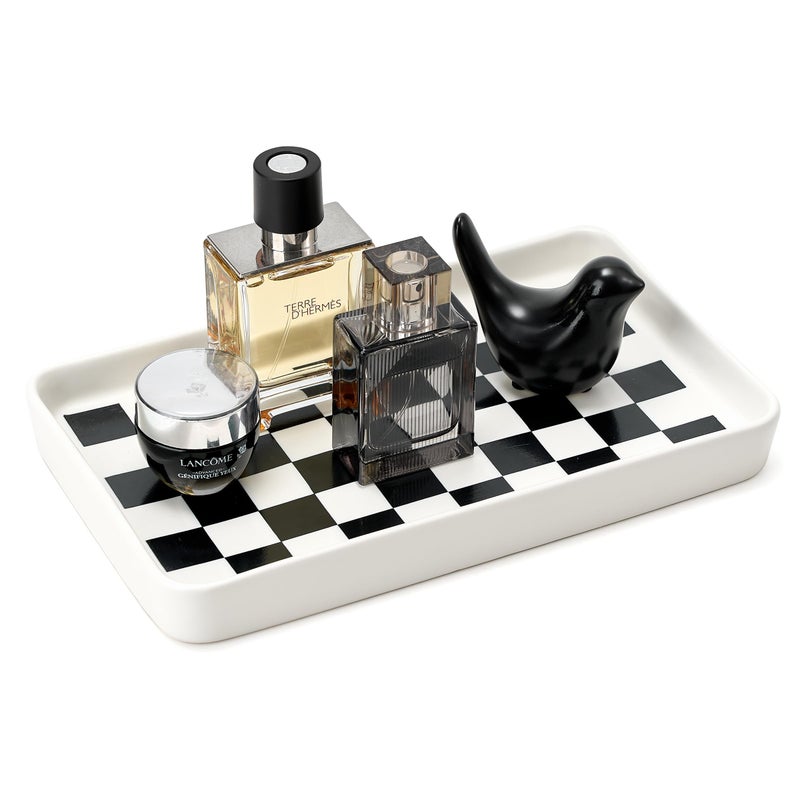 Pottify Texture Checkered Surface 10"Ã—6"Ã—1" Bathroom Vanity Tray for Countertop- Ceramic Decorative Organizer Tray for Dresser Top, Toilet, Perfume, Sponge Holder Soap Dish Dispenser for Kitchen Counter - Image 1