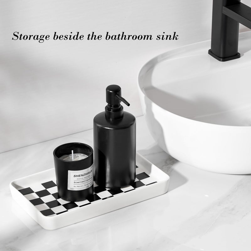 Pottify Texture Checkered Surface 10"Ã—6"Ã—1" Bathroom Vanity Tray for Countertop- Ceramic Decorative Organizer Tray for Dresser Top, Toilet, Perfume, Sponge Holder Soap Dish Dispenser for Kitchen Counter - Image 3