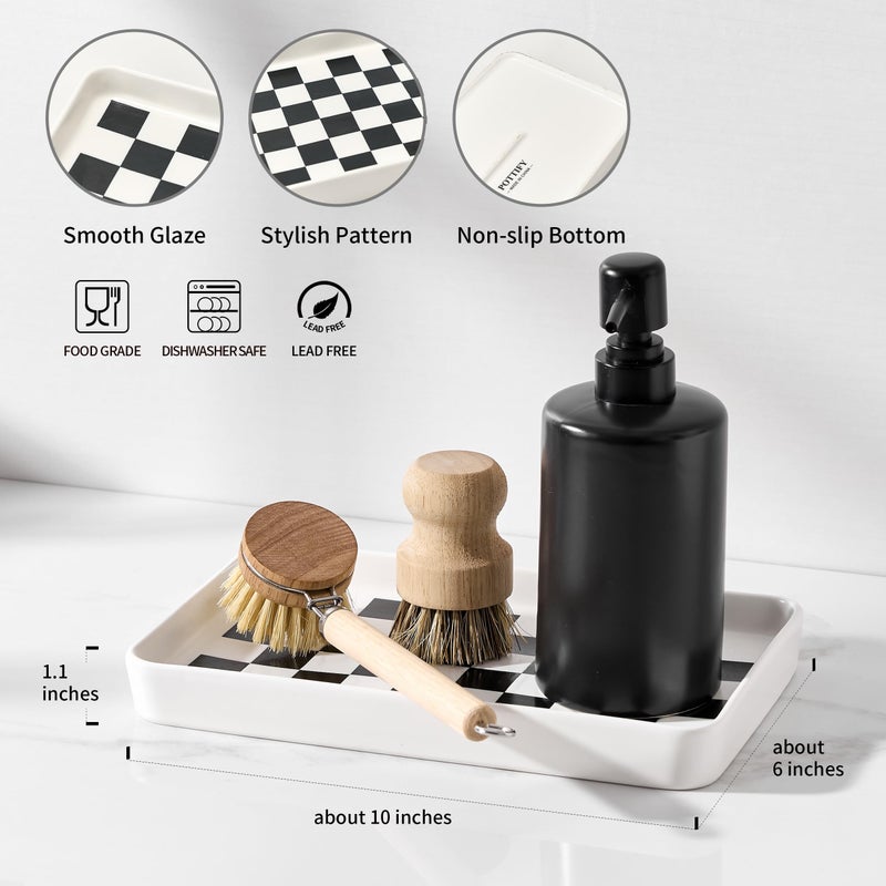 Pottify Texture Checkered Surface 10"Ã—6"Ã—1" Bathroom Vanity Tray for Countertop- Ceramic Decorative Organizer Tray for Dresser Top, Toilet, Perfume, Sponge Holder Soap Dish Dispenser for Kitchen Counter - Image 2