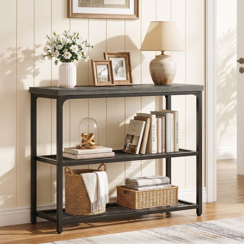 Besiost 32" Small Console Table with Storage, 3-Tier Narrow Entryway Table, Sturdy Sofa Table with Mesh Shelves, Console Tables for Living Room, Bedroom, Hallway, Entryway, Foyer, Oak Grey - Image 2