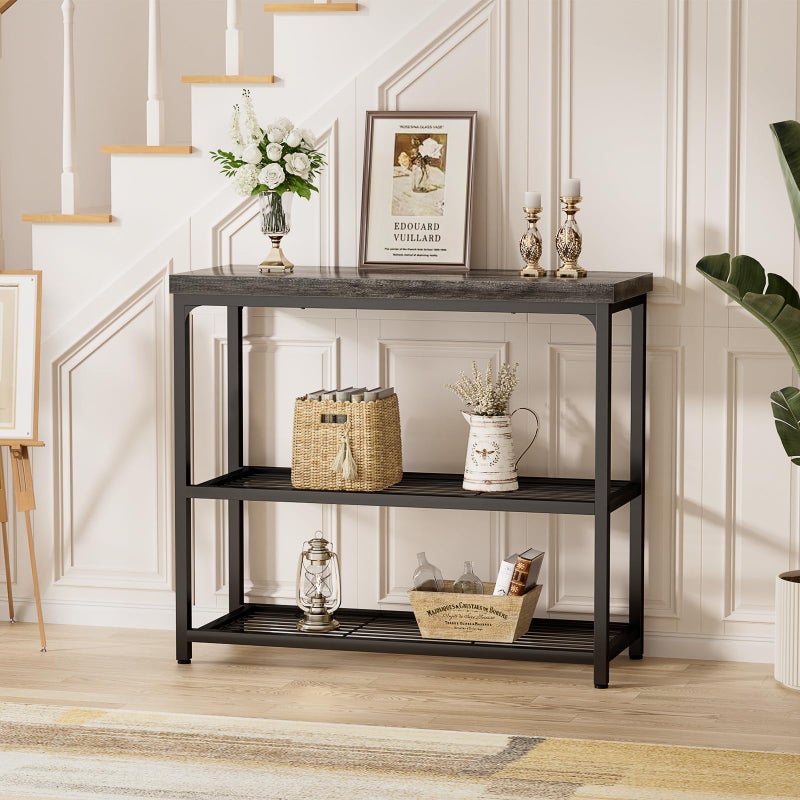 Besiost 32" Small Console Table with Storage, 3-Tier Narrow Entryway Table, Sturdy Sofa Table with Mesh Shelves, Console Tables for Living Room, Bedroom, Hallway, Entryway, Foyer, Oak Grey - Image 5