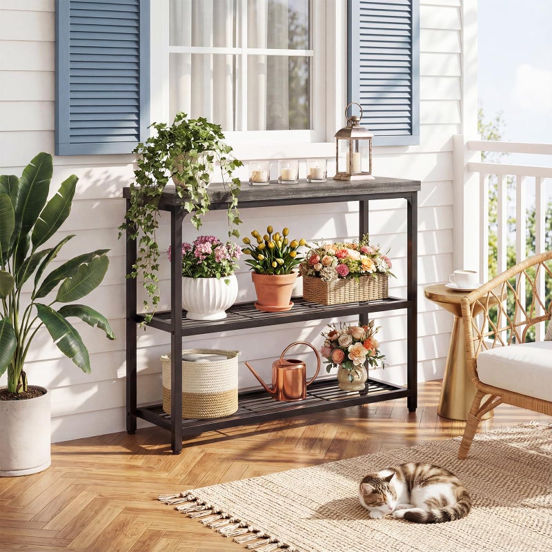 Besiost 32" Small Console Table with Storage, 3-Tier Narrow Entryway Table, Sturdy Sofa Table with Mesh Shelves, Console Tables for Living Room, Bedroom, Hallway, Entryway, Foyer, Oak Grey - Image 4