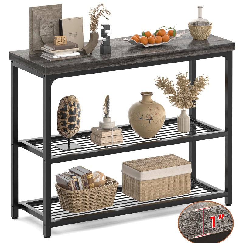 Besiost 32" Small Console Table with Storage, 3-Tier Narrow Entryway Table, Sturdy Sofa Table with Mesh Shelves, Console Tables for Living Room, Bedroom, Hallway, Entryway, Foyer, Oak Grey - Image 1