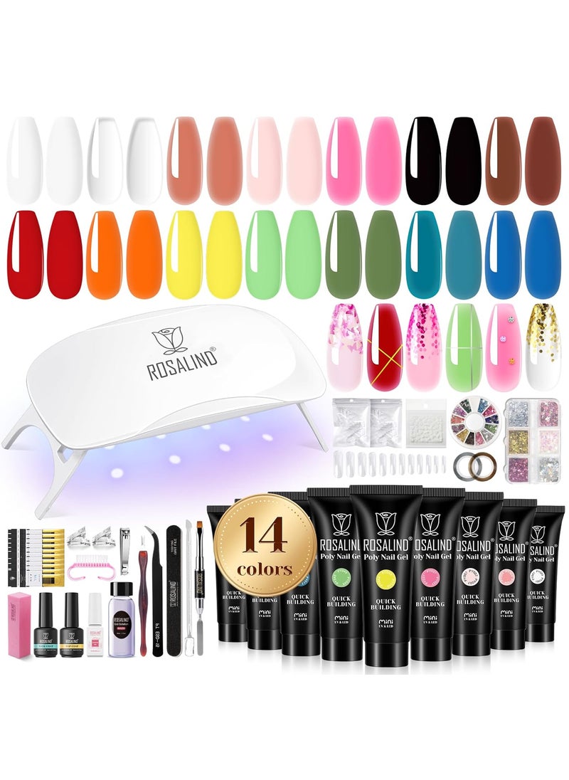 Rosalind ROSALIND Poly Nail Gel Colors Kit -14 Colors +72 Nail Art Accessories kit Poly Nails Gel Kit Starter Kit with Mini UV Lamp Slip Solution Spring Poly Nail Art Tools for Beginners with Everything 