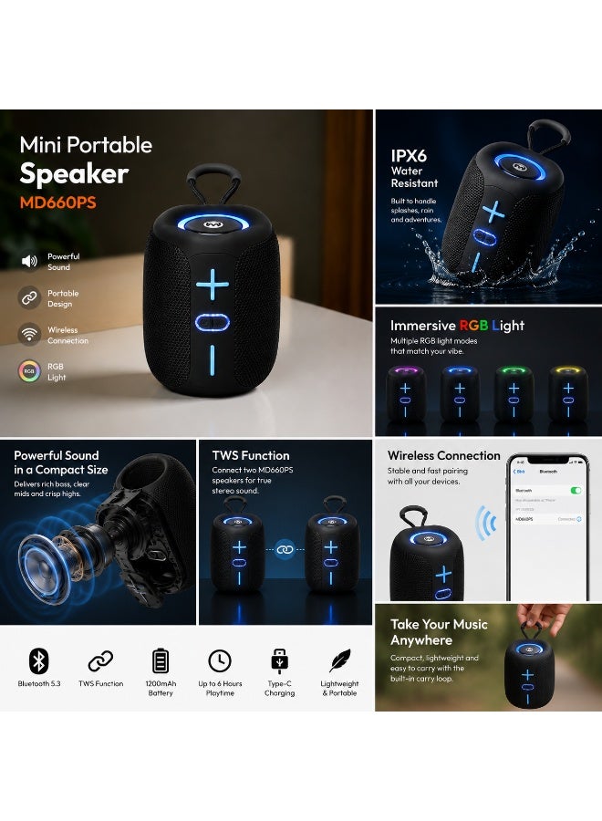 Micro Digit Portable Wireless Bluetooth Speaker with RGB LED Light, TWS, FM Radio, USB/TF Support and Deep Bass - MD660PS - Image 2