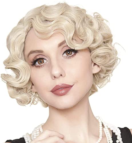 Kaneles Short Blonde Curly Wig Finger Wave Synthetic Hair for Women 1920s Halloween Cosplay Costume Party Come with Wig Cap (Blonde) - Image 1