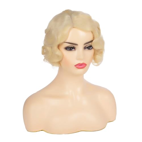 Kaneles Short Blonde Curly Wig Finger Wave Synthetic Hair for Women 1920s Halloween Cosplay Costume Party Come with Wig Cap (Blonde) - Image 4
