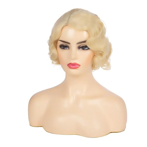 Kaneles Short Blonde Curly Wig Finger Wave Synthetic Hair for Women 1920s Halloween Cosplay Costume Party Come with Wig Cap (Blonde) - Image 3