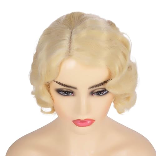 Kaneles Short Blonde Curly Wig Finger Wave Synthetic Hair for Women 1920s Halloween Cosplay Costume Party Come with Wig Cap (Blonde) - Image 5