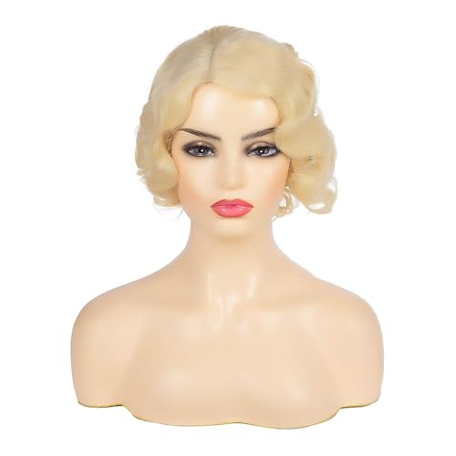 Kaneles Short Blonde Curly Wig Finger Wave Synthetic Hair for Women 1920s Halloween Cosplay Costume Party Come with Wig Cap (Blonde) - Image 2
