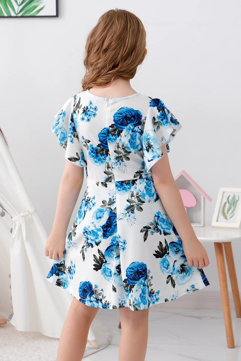 GORLYA Girl's Flutter Sleeve Stretchy A-Line Swing Flared Skater Party Dress with Pockets (GOR1019,14Y,Blue Flower) - Image 2