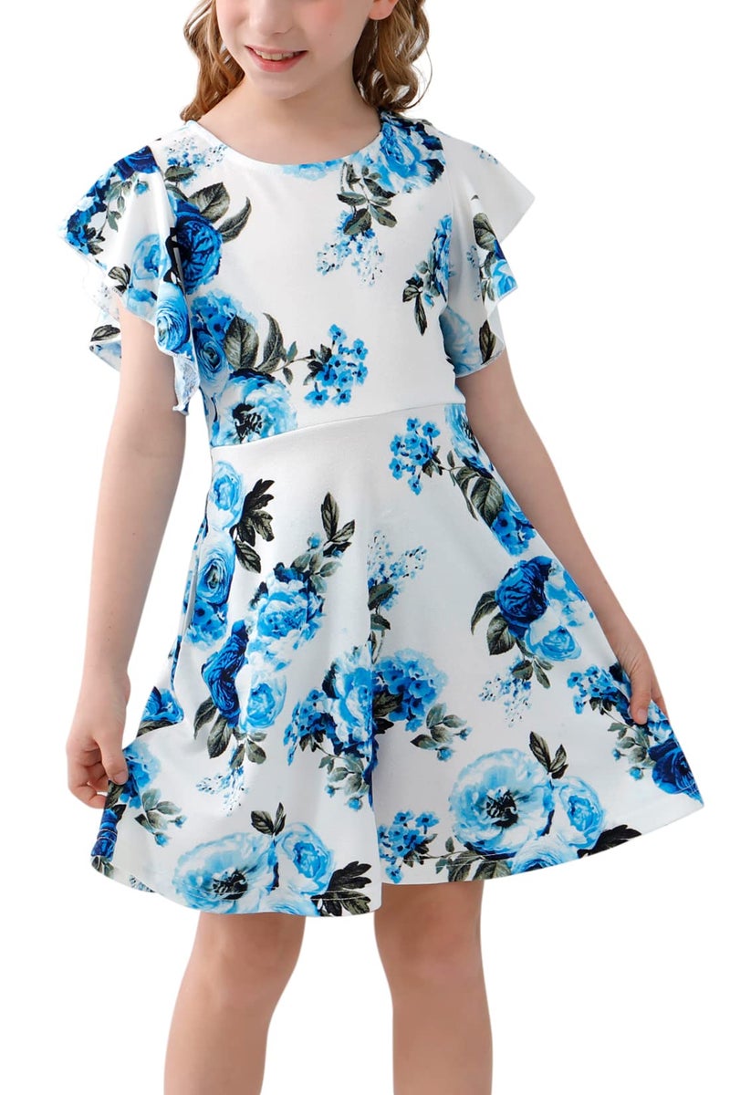 GORLYA Girl's Flutter Sleeve Stretchy A-Line Swing Flared Skater Party Dress with Pockets (GOR1019,14Y,Blue Flower) - Image 1