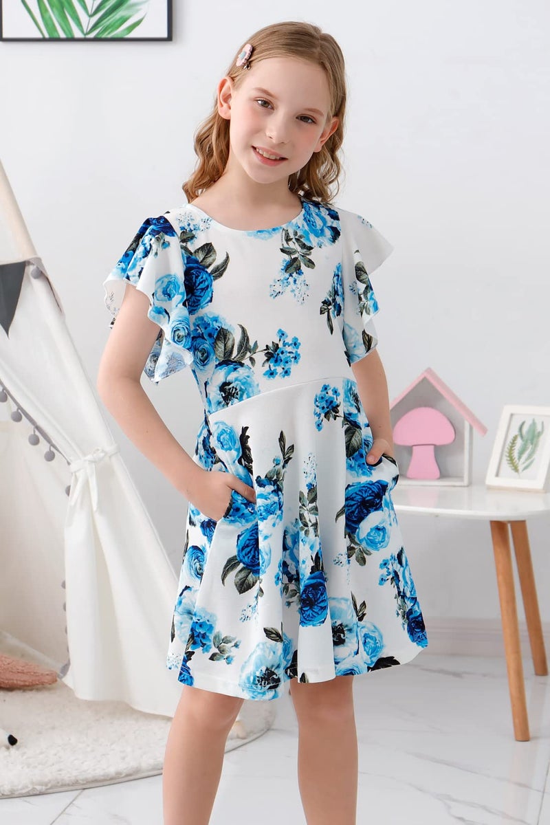 GORLYA Girl's Flutter Sleeve Stretchy A-Line Swing Flared Skater Party Dress with Pockets (GOR1019,14Y,Blue Flower) - Image 4