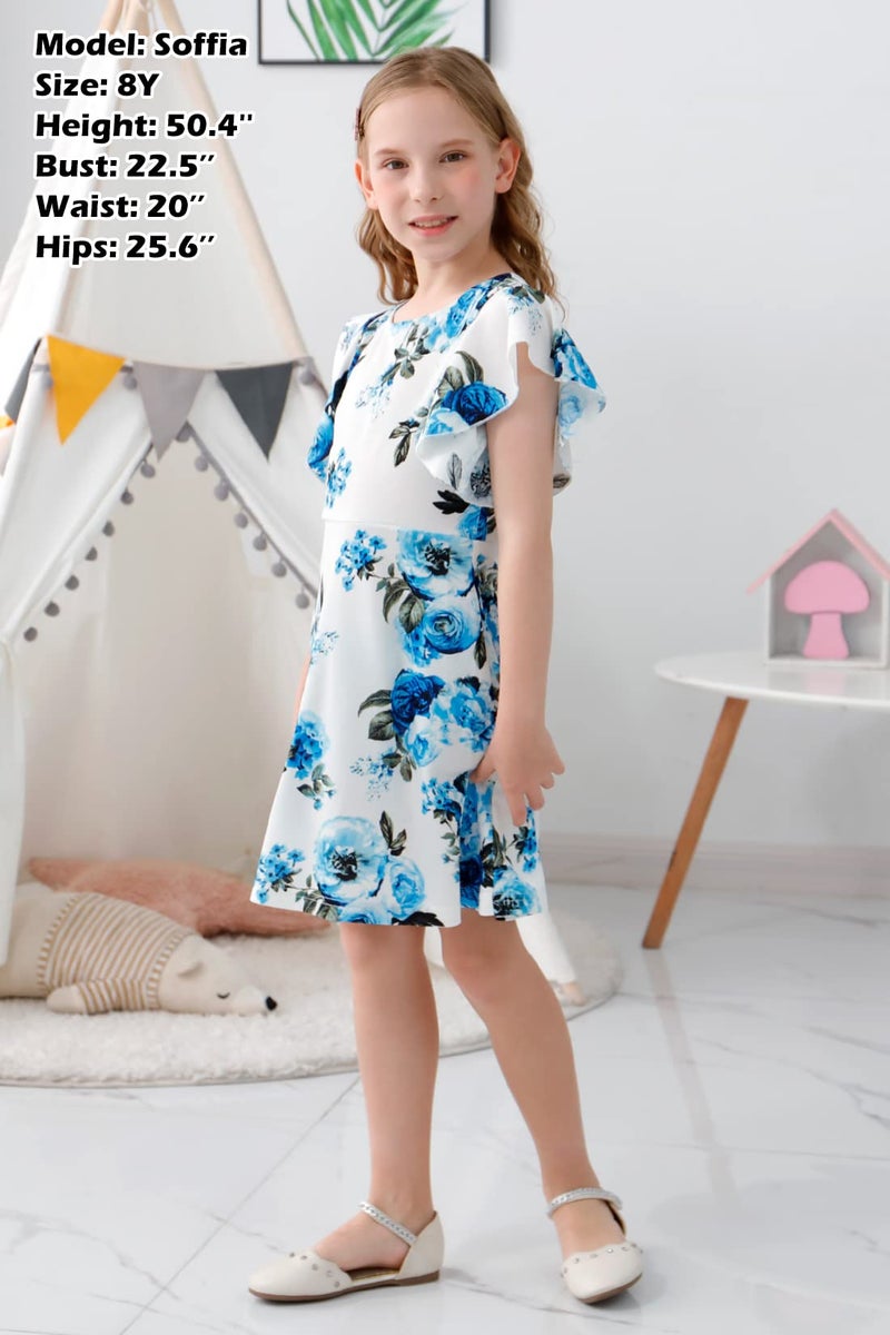 GORLYA Girl's Flutter Sleeve Stretchy A-Line Swing Flared Skater Party Dress with Pockets (GOR1019,14Y,Blue Flower) - Image 3
