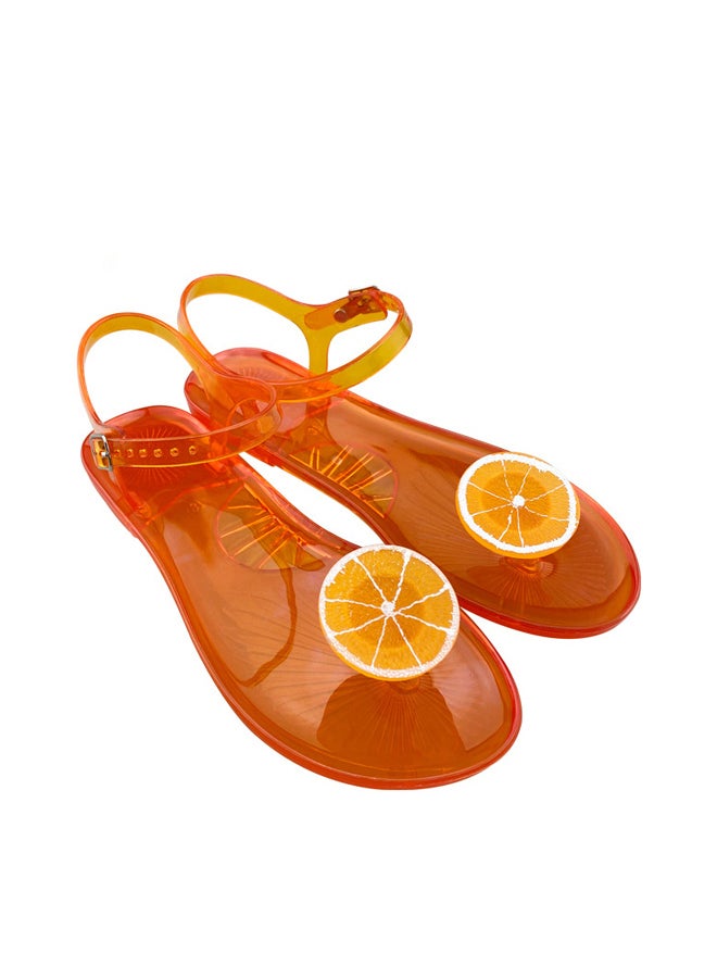 Women's Round Toe Jelly Sandals Soft PVC Non-Slip Sole Beach Shoes Fruit Pattern Summer Casual Slippers Orange  - Image 1