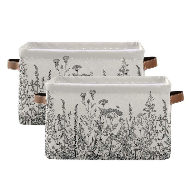 KEEPREAL Black and White Flowers Storage Baskets,Decorative Collapsible Rectangular Canvas Fabric Storage Bin for Home, 2PACK