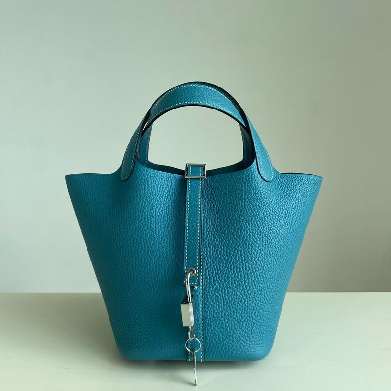 18cm Wax Line Hand Sewed TC Top Layer Cowhide Vegetable Basket Bag Bucket Bag Genuine Leather Womens Bag Handbag Denim blue 