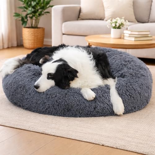 ZEXSAZONE Summer Round Donut Pet Bed for Cats & Puppies Dogs | Cozy Plush Calming Bed with Raised Rim Support | 2-in-1 Reversible Both Sides Usable | Washable Soft Pet Mat | Grey Medium - Image 1