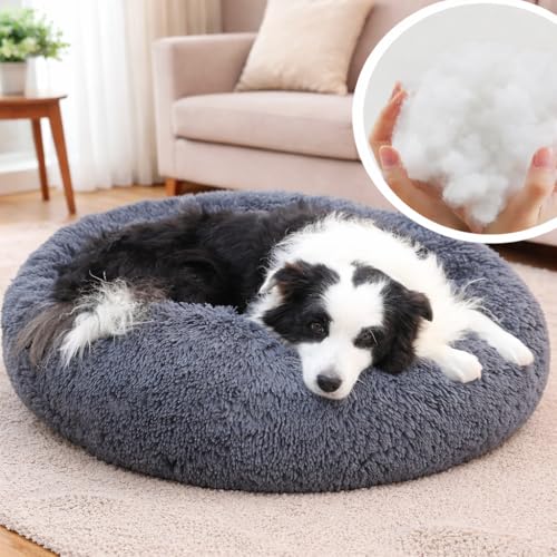 ZEXSAZONE Summer Round Donut Pet Bed for Cats & Puppies Dogs | Cozy Plush Calming Bed with Raised Rim Support | 2-in-1 Reversible Both Sides Usable | Washable Soft Pet Mat | Grey Medium - Image 2