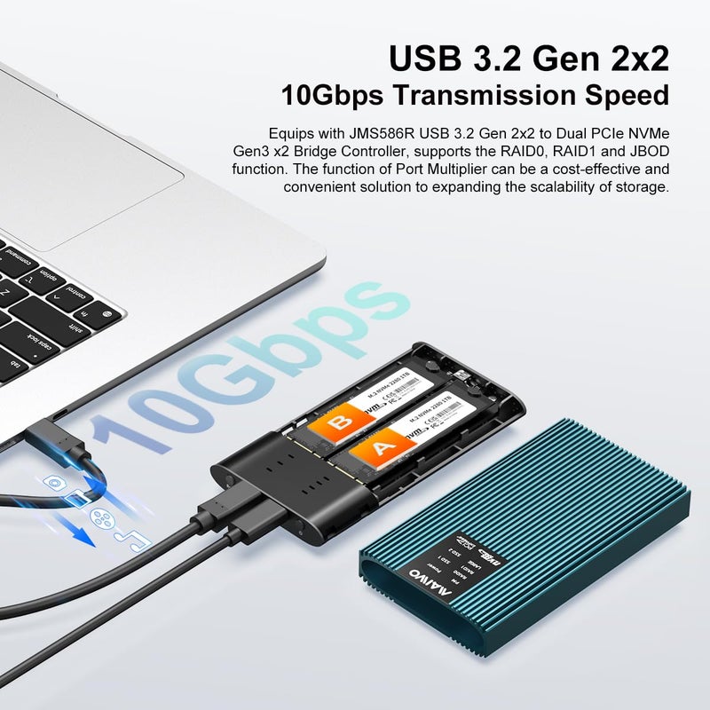 MAIWO M.2 NVMe PCIe RAID Enclosure, Dual Bay Enclosure for M.2 NVMe PCIe SSD with RAID0/1/PM/JBOD, USB 3.2 Gen2x2 Type-C 20Gbps Speed, 8TB Capacity (K2022R) - Image 2