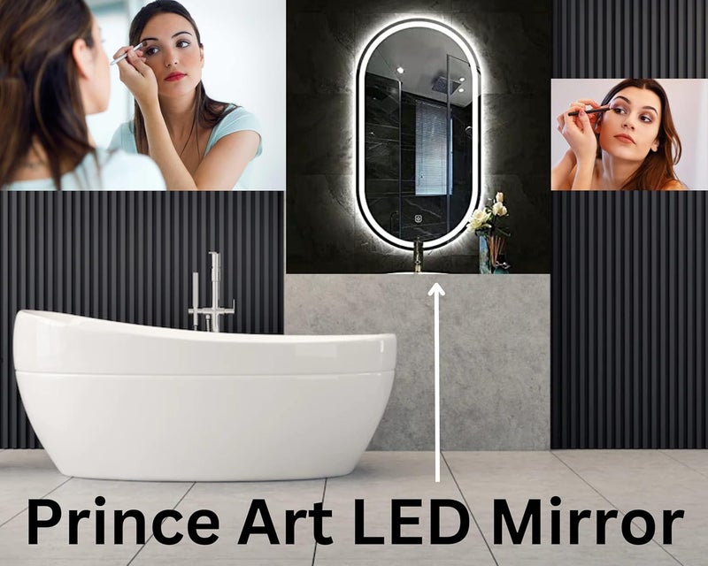 PRINCE ART مرآة LED زجاجية ديكورية للحمام مع مستشعر لمسة 18x24 بوصة بيضاوية DH12 - Image 2